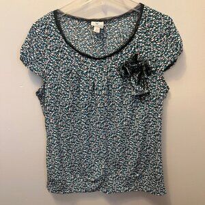 Women's Worthington Stretch Blouse Size L, Blue/Black Geo pattern, Ex Con